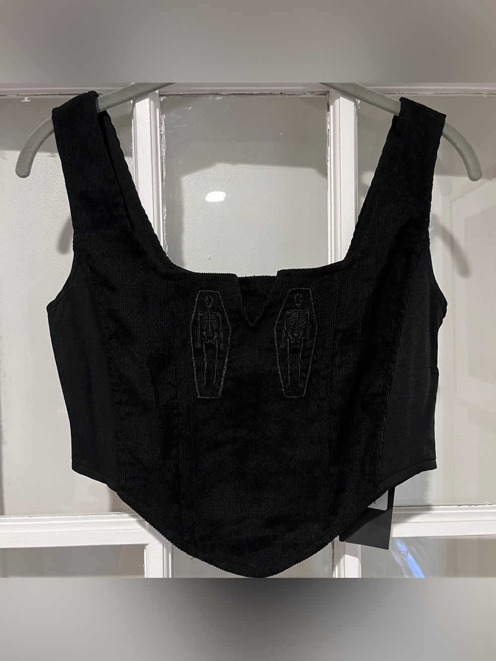 NWT Disturbia Immortal Split Front Corset Black Corduroy Sz 2 Goth Skeleton - Picture 5 of 13